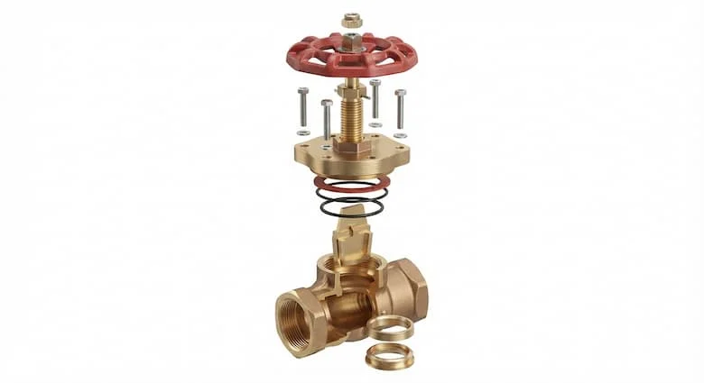Hình ảnh kỹ thuật 3D chi tiết của van cổng bằng đồng thau MIHA DN50, thể hiện tất cả các bộ phận bên trong bao gồm thân van bằng đồng thau, nắp van, trục ren, van nêm, đế van, gioăng làm kín, vòng chữ O, đai ốc trục, tay quay màu đỏ