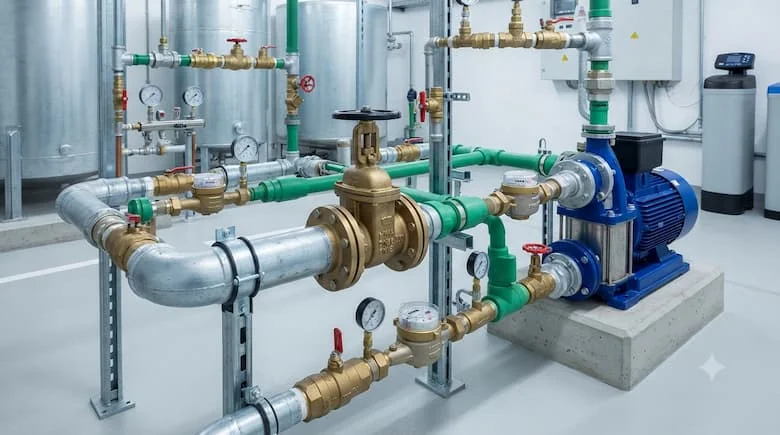 Hệ thống đường ống cấp nước dân dụng và công nghiệp hiện đại được trang bị van cổng bằng đồng thau MIHA DN50 lắp đặt trên đường ống thép mạ kẽm hoặc PPR