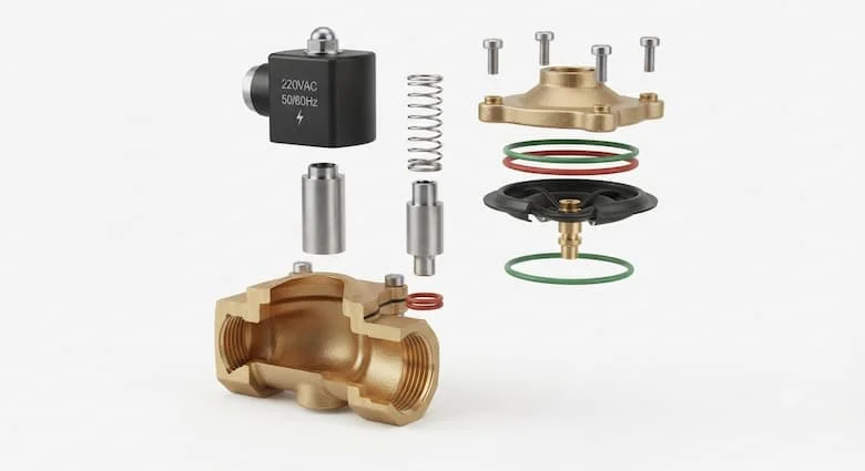Hình minh họa 3D cắt ngang thực tế của một van điện từ 220VAC cho thấy các thành phần bên trong bao gồm cuộn dây điện từ, pít tông, lò xo, màng ngăn, thân van, lỗ điều khiển, cổng đầu vào, cổng đầu ra, các mối nối ren, vòng đệm và buồng dẫn dòng