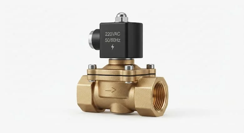 Ảnh chụp studio độ phân giải cao của một van điện từ công nghiệp cao cấp 220VAC được làm bằng đồng thau rèn và thép không gỉ, có cuộn dây điện từ màu đen ghi nhãn 220VAC, các kết nối ren BSP được gia công chính xác, thân van bền chắc và cấu trúc đạt tiêu chuẩn công nghiệp