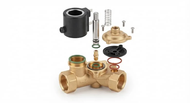 Hình minh họa 3D cắt ngang thực tế của một van điện từ 24VDC cho thấy các thành phần bên trong bao gồm cuộn dây điện từ, pít tông, lò xo, màng ngăn, thân van, lỗ điều khiển, cổng đầu vào, cổng đầu ra, các mối nối ren và vòng đệm