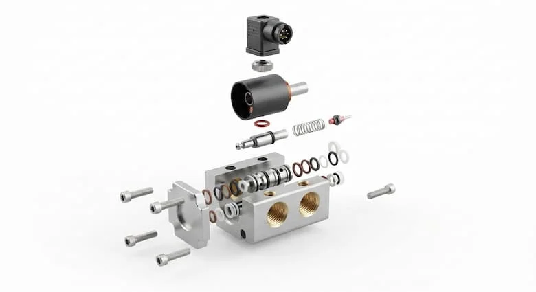 bản vẽ kỹ thuật 3D chi tiết dạng hình chiếu tách rời của van điện từ khí nén công nghiệp. Hiển thị riêng biệt tất cả các bộ phận bên trong, bao gồm thân van bằng nhôm, cuộn dây điện từ, pít tông, lò xo, trục van, gioăng van, vòng chữ O, đầu nối điện, cổng ren và ốc vít lắp đặt. Sử dụng vật liệu nhôm, đồng thau và thép không gỉ