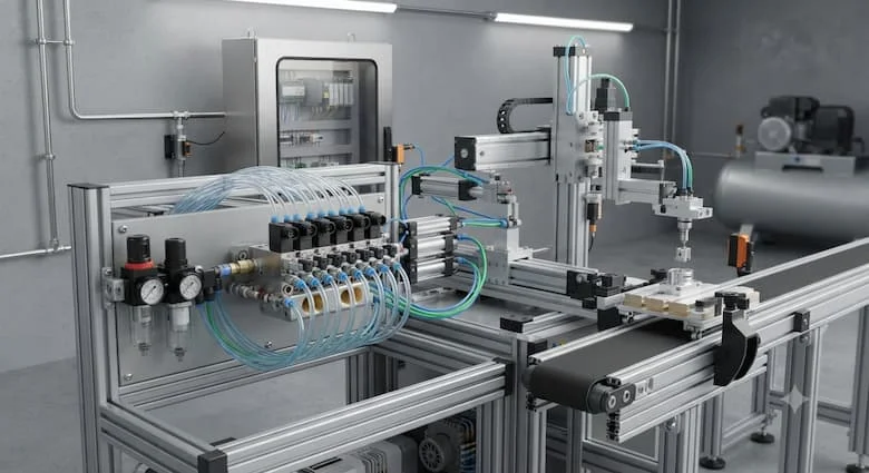 một cảnh tự động hóa công nghiệp chân thực với nhiều van điện từ khí nén được lắp đặt trên một cụm van điều khiển các xi lanh khí nén trong một nhà máy sản xuất hiện đại. Bao gồm các thiết bị chuẩn bị khí (FRL), máy nén khí, đồng hồ đo áp suất, ống dẫn khí nén, thiết bị robot, hệ thống băng tải và máy móc điều khiển PLC