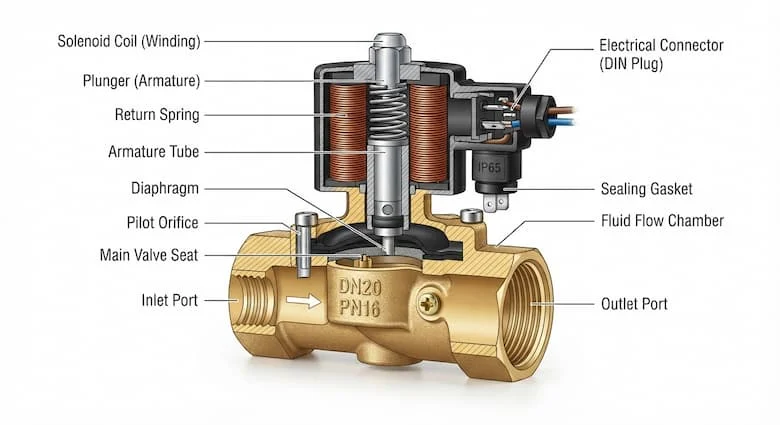 Hình minh họa kỹ thuật mặt cắt của van điện từ 24V DN20 thể hiện tất cả các bộ phận chính bên trong, bao gồm cuộn dây điện từ, pít tông, lò xo, màng ngăn, thân van, đầu vào, đầu ra, các kết nối ren BSP