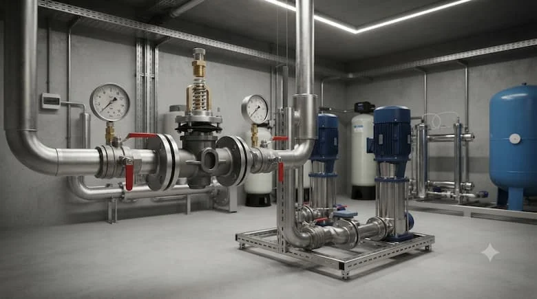 cảnh lắp đặt công nghiệp thực tế, thể hiện van điều áp được lắp đặt trong hệ thống phân phối và bơm nước hiện đại.