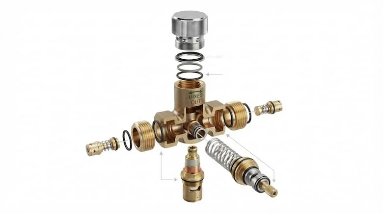 bản vẽ kỹ thuật chi tiết dạng tháo rời của van điều chỉnh nhiệt độ nước, thể hiện tất cả các bộ phận bên trong được tách rời, bao gồm thân van bằng đồng thau, bộ phận điều nhiệt, hộp sáp, lò xo, trục van, núm điều chỉnh, vòng chữ O, gioăng làm kín, van một chiều