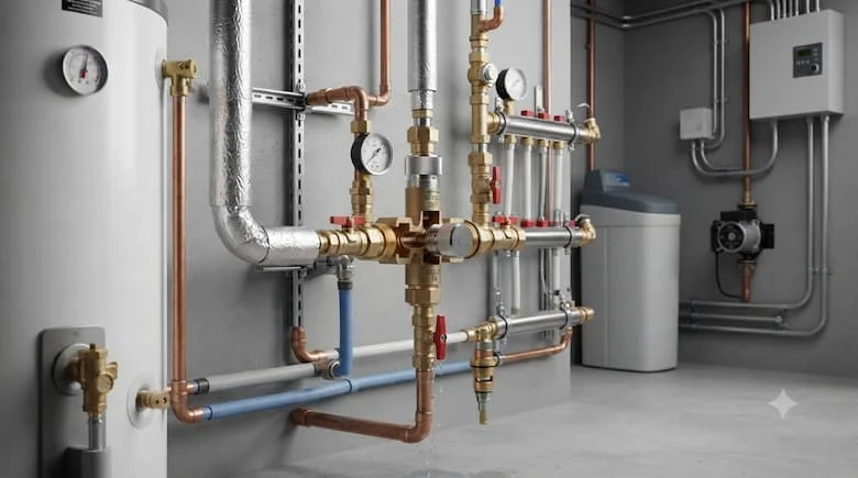 một cảnh lắp đặt hệ thống đường ống nước thực tế, thể hiện van điều chỉnh nhiệt độ nước được lắp đặt trong hệ thống nước nóng sinh hoạt. Bao gồm bình nước nóng, đường ống cấp nước nóng và lạnh, đồng hồ đo áp suất, phụ kiện bằng đồng thau