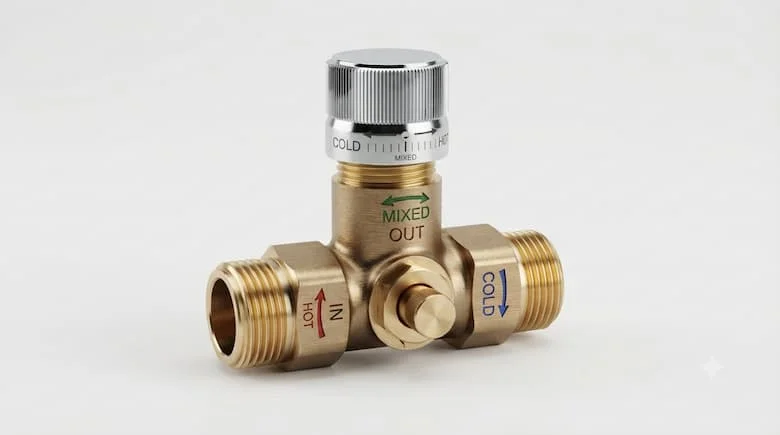 hình ảnh chụp sản phẩm cao cấp cho van điều khiển nhiệt độ nước (van trộn nhiệt) làm bằng đồng thau rèn với nắp điều chỉnh mạ crom, cổng vào nước nóng và lạnh, cổng ra nước hỗn hợp