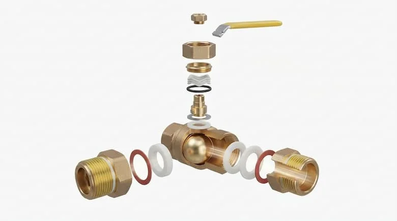 Hình ảnh kỹ thuật 3D chi tiết cao của một van khí bằng đồng thau, thể hiện tất cả các bộ phận bên trong bao gồm thân van, bi, trục, gioăng PTFE, vòng chữ O, phớt, đầu ren, tay cầm, đai ốc đệm và đường dẫn khí bên trong