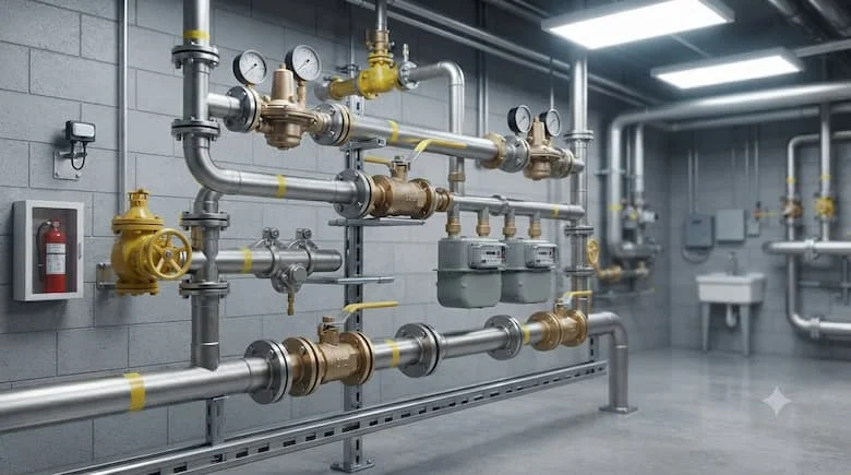 Hệ thống phân phối khí LPG công nghiệp hiện đại được trang bị van khí bằng đồng thau, bộ điều chỉnh áp suất, đồng hồ đo khí, đường ống bằng thép không gỉ, van khóa và thiết bị an toàn