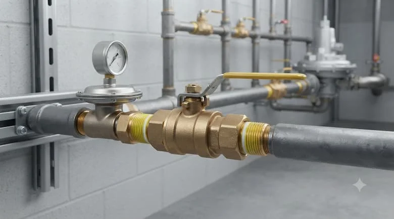 Van khí bằng đồng thau cao cấp được lắp đặt trên đường ống dẫn khí LPG, có tay cầm màu vàng, các khớp nối ren, thân van bằng đồng thau được gia công chính xác và thiết kế kín khí chống rò rỉ