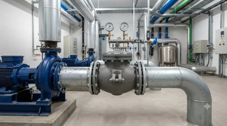 một cảnh lắp đặt công nghiệp thực tế về van một chiều kiểu xoay được lắp đặt trên đường ống dẫn nước lớn nối với máy bơm ly tâm trong một nhà máy xử lý nước hiện đại