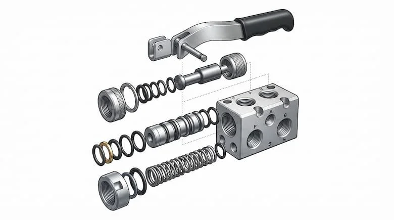 bản vẽ kỹ thuật chi tiết dạng tháo rời của van tay khí nén, thể hiện rõ tất cả các bộ phận bên trong được tách rời và sắp xếp gọn gàng, bao gồm thân van, tay gạt, trục van, lò xo hồi, vòng chữ O, gioăng, cổng nạp khí 