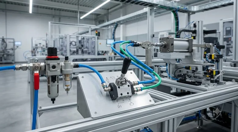 một cảnh lắp đặt công nghiệp thực tế về van tay khí nén điều khiển xi lanh khí nén tác động kép trong hệ thống sản xuất tự động