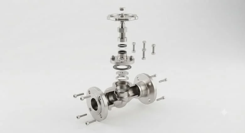  hình minh họa chi tiết dạng tháo rời của van góc công nghiệp DN50, thể hiện thân van, nắp van, đĩa van, đế van, trục van, tay quay, vòng đệm, gioăng, các mối nối mặt bích, bu lông và các bộ phận làm kín.
