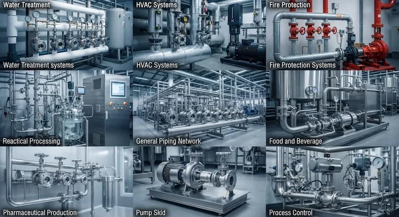một bức tranh ghép công nghiệp chân thực thể hiện các van góc DN50 được sử dụng trong các nhà máy xử lý nước, hệ thống HVAC, hệ thống phòng cháy chữa cháy, các cơ sở chế biến hóa chất, nhà máy thực phẩm và đồ uống, sản xuất dược phẩm và mạng lưới đường ống công nghiệp
