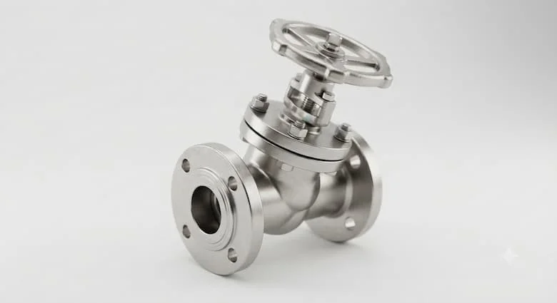 hình ảnh 3D siêu thực của một van góc công nghiệp DN50 (D50) với thiết kế thân van 90 độ. Van được làm bằng thép không gỉ 304, có tay quay, các đầu nối mặt bích, thân van được gia công chính xác và lớp hoàn thiện kim loại cao cấp