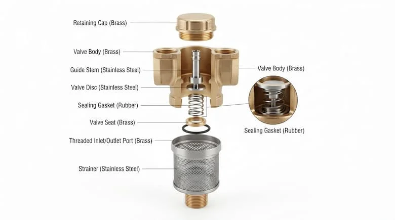 Hình ảnh chi tiết các bộ phận của van hút nước gắn chân đế, thể hiện đầy đủ các thành phần bên trong