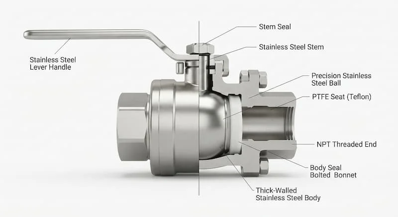 Hình ảnh minh họa kỹ thuật cắt lớp (cross-section rendering) rõ ràng và chuyên nghiệp của một van bi inox (stainless steel ball valve) chất lượng cao xuất xứ từ Ý