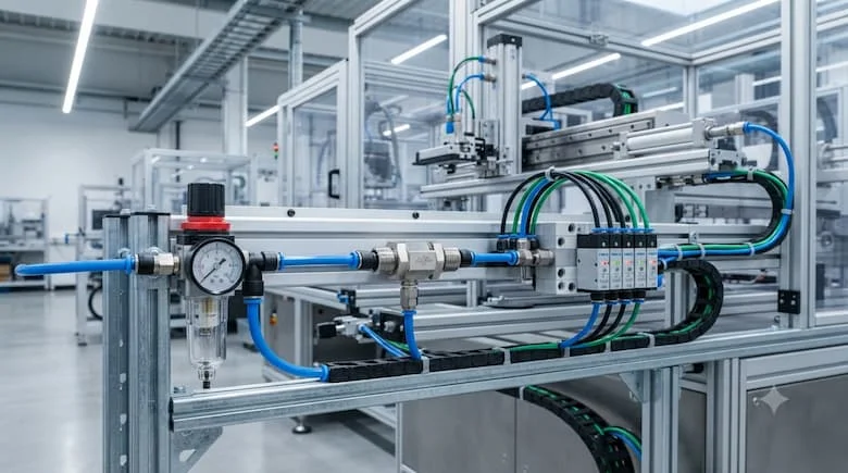 một cảnh lắp đặt công nghiệp thực tế thể hiện van kiểm tra khí nén được lắp đặt trong hệ thống khí nén kết nối với máy nén khí, bộ lọc FRL, xi lanh khí nén, van điện từ và máy móc tự động