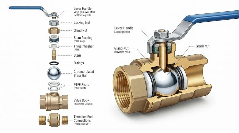 Hình ảnh kỹ thuật chi tiết và mặt cắt của van bi bằng đồng thau DN15, thể hiện tất cả các bộ phận bên trong bao gồm thân van, bi đồng thau mạ crom, trục van, gioăng PTFE