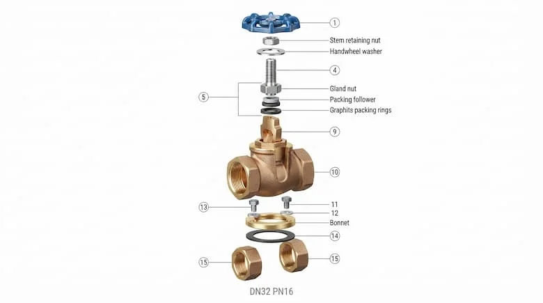 Hình ảnh chi tiết các bộ phận của van khóa DN32, thể hiện đầy đủ các thành phần bên trong, bao gồm thân van, nắp van, trục van, van cánh/đĩa van, gioăng làm kín, tay quay, vòng đệm, đầu ren và ốc vít