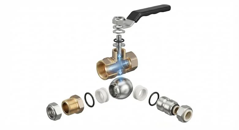 Hình ảnh kỹ thuật 3D chi tiết cao của một van khóa 10mm, thể hiện tất cả các bộ phận bên trong bao gồm thân van, van bi, trục van, gioăng PTFE, vòng chữ O, phớt, tay gạt, đầu nối ren hoặc kiểu lắp nhanh, đai ốc giữ và đường dẫn dòng chảy bên trong