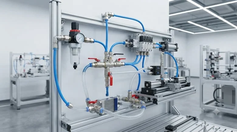 Hệ thống khí nén và chất lỏng công nghiệp hiện đại sử dụng nhiều van khóa 10mm được kết nối với ống dẫn khí nén màu xanh lam và ống dẫn nước trong suốt