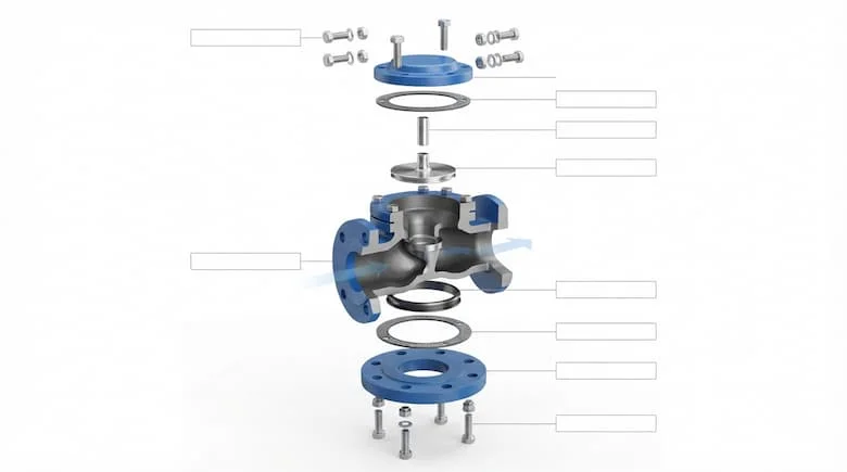 bản vẽ kỹ thuật 3D chi tiết dạng tách rời của van một chiều mặt bích DN50 (2 inch). Hiển thị tất cả các bộ phận bên trong bao gồm thân van, đĩa van, chốt bản lề bằng thép không gỉ