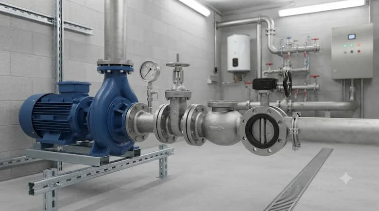 một hệ thống bơm công nghiệp thực tế sử dụng van một chiều mặt bích DN50 được lắp đặt trên đường ống xả của bơm nước ly tâm