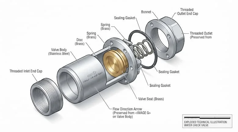 bản vẽ kỹ thuật chi tiết dạng tháo rời của van một chiều nước, thể hiện tất cả các bộ phận bên trong được tách rời và dán nhãn, bao gồm thân van, đĩa van, lò xo, chốt bản lề, gioăng làm kín, đế van, nắp van, ren hoặc mặt bích