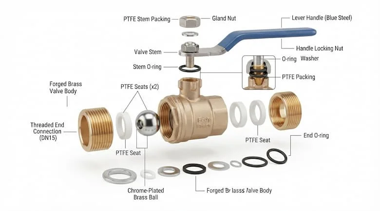 Hình ảnh chi tiết các bộ phận của van bi nước bằng đồng thau 21mm (DN15), thể hiện đầy đủ các thành phần bên trong, bao gồm thân van bằng đồng thau rèn, bi van bằng đồng thau mạ crom
