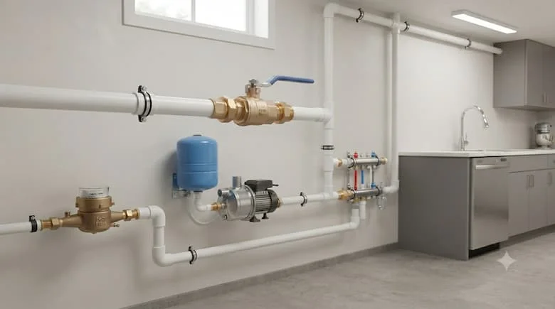 Hệ thống đường ống nước sinh hoạt thực tế với van bi bằng đồng thau 21mm được lắp đặt trên đường ống cấp nước PVC, kết nối với máy bơm nước gia đình, đồng hồ nước, bồn chứa và hệ thống đường ống nước nhà bếp