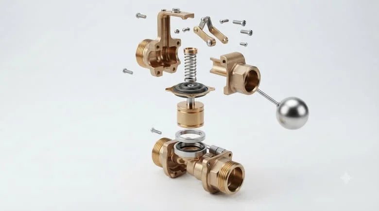 Hình minh họa kỹ thuật 3D chi tiết cao về một van nước cơ khí tự động, thể hiện các bộ phận bên trong bao gồm thân van bằng đồng thau, piston, màng ngăn, lò xo, đế van, gioăng làm kín, các mối nối ren
