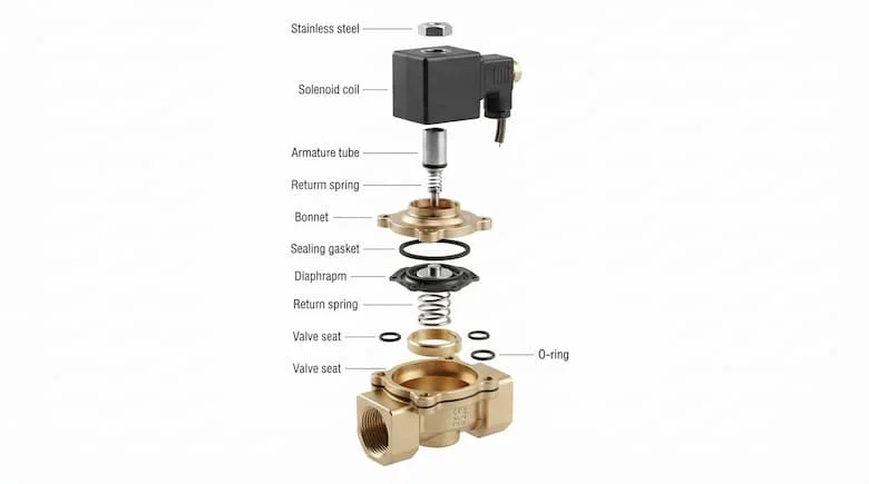 bản vẽ kỹ thuật chi tiết dạng tháo rời của van điện từ nước 24V, thể hiện tất cả các bộ phận bên trong được tách rời và sắp xếp rõ ràng, bao gồm thân van bằng đồng thau, cuộn dây điện từ, pít tông, màng ngăn, lò xo, đế van, vòng chữ O
