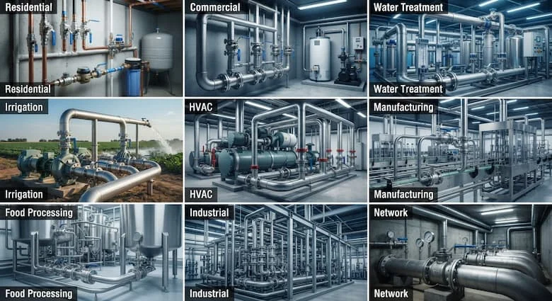 một bức tranh ghép công nghiệp thực tế minh họa các ứng dụng của van nước xoay bằng tay trong hệ thống đường ống nước dân dụng, các tòa nhà thương mại, nhà máy xử lý nước, hệ thống tưới tiêu, hệ thống HVAC, nhà máy sản xuất, cơ sở chế biến thực phẩm và mạng lưới đường ống công nghiệp