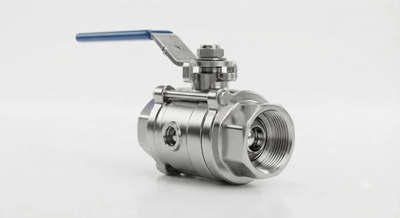 bản dựng 3D sản phẩm siêu thực của một van nước xoay tay (van bi bằng thép không gỉ) với thân bằng thép không gỉ được đánh bóng, tay cầm cần gạt màu xanh lam, các đầu nối ren trong, cơ cấu bi được gia công chính xác và kết cấu đạt tiêu chuẩn công nghiệp
