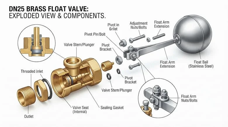 Hình ảnh chi tiết các bộ phận của van phao bằng đồng thau DN25, thể hiện đầy đủ các thành phần bên trong, bao gồm thân van, bi phao, cần phao bằng thép không gỉ, chốt xoay, trục van, gioăng làm kín, đế van, khớp nối ren