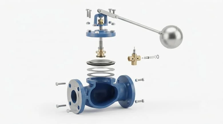 Hình ảnh chi tiết tháo rời của van điều khiển phao công nghiệp DN65, thể hiện tất cả các bộ phận bên trong, bao gồm thân van, màng ngăn, đĩa van, trục van, cần phao