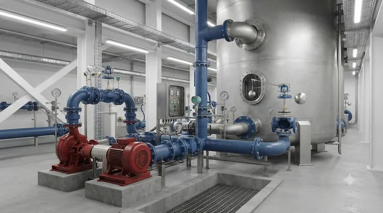 Hệ thống cấp nước công nghiệp hiện đại với van điều khiển phao DN65 được lắp đặt trên bể chứa nước lớn