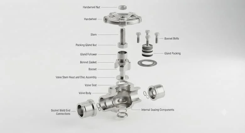 hình minh họa chi tiết dạng tháo rời của một van hàn ổ cắm công nghiệp (van SW), thể hiện thân van rèn, nắp van, đĩa van hoặc bi van, đế van, trục van, tay quay, vòng đệm, các mối nối đầu hàn ổ cắm, bu lông, gioăng và các bộ phận làm kín bên trong