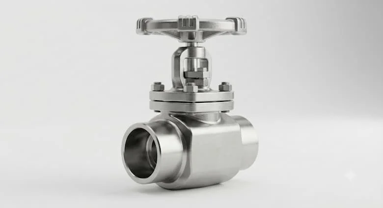 hình ảnh 3D siêu thực của một van hàn ổ cắm công nghiệp (van SW) làm bằng thép không gỉ rèn ASTM A182 F316. Van có các kết nối đầu hàn ổ cắm, thân được gia công chính xác, tay quay hoặc cần gạt, kết cấu công nghiệp chắc chắn, bề mặt kim loại được đánh bóng và thiết kế chịu áp suất cao