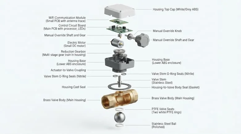 bản vẽ kỹ thuật 3D chi tiết dạng tách rời của một van nước thông minh (van bi điều khiển bằng động cơ). Hiển thị tất cả các bộ phận bên trong bao gồm thân van bằng đồng thau