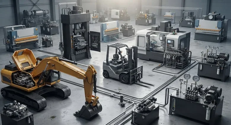 một khung cảnh công nghiệp thực tế thể hiện các van điều khiển hướng thủy lực được lắp đặt trong các hệ thống thủy lực hạng nặng, bao gồm máy xúc, máy ép thủy lực, máy CNC, xe nâng, thiết bị xây dựng, máy móc sản xuất và các bộ nguồn thủy lực công nghiệp.