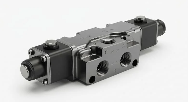 bản dựng 3D siêu thực của một van điều khiển hướng thủy lực công nghiệp làm bằng thép cường độ cao với thân van được gia công chính xác, bộ truyền động điện từ tích hợp, các cổng thủy lực có ren và cấu trúc cao cấp đạt tiêu chuẩn công nghiệp