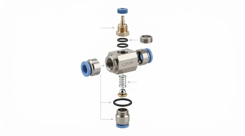 bản vẽ kỹ thuật chi tiết dạng tháo rời của van điều khiển lưu lượng một chiều khí nén, thể hiện tất cả các bộ phận bên trong được tách rời và sắp xếp rõ ràng, bao gồm thân van, kim điều chỉnh, vít điều chỉnh lưu lượng