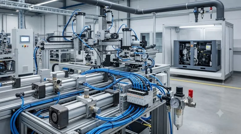 ột cảnh lắp đặt công nghiệp thực tế thể hiện các van điều khiển lưu lượng một chiều được lắp đặt trên các xi lanh khí nén trong một hệ thống sản xuất tự động