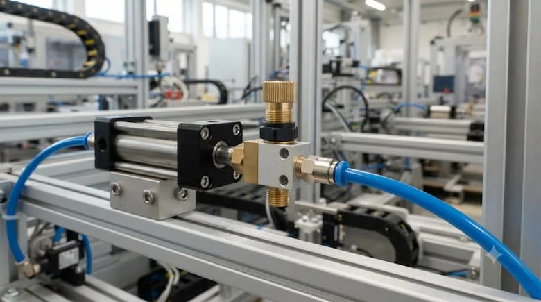 Van điều khiển lưu lượng một chiều cao cấp được lắp đặt trên xi lanh khí nén trong hệ thống tự động hóa công nghiệp