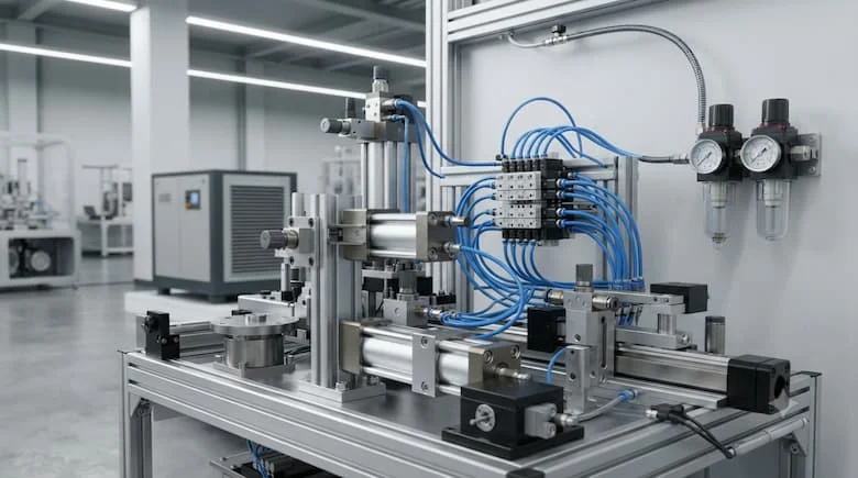 Hệ thống tự động hóa khí nén công nghiệp hiện đại với các van điều khiển lưu lượng một chiều được lắp đặt trên các xi lanh khí nén tác động kép
