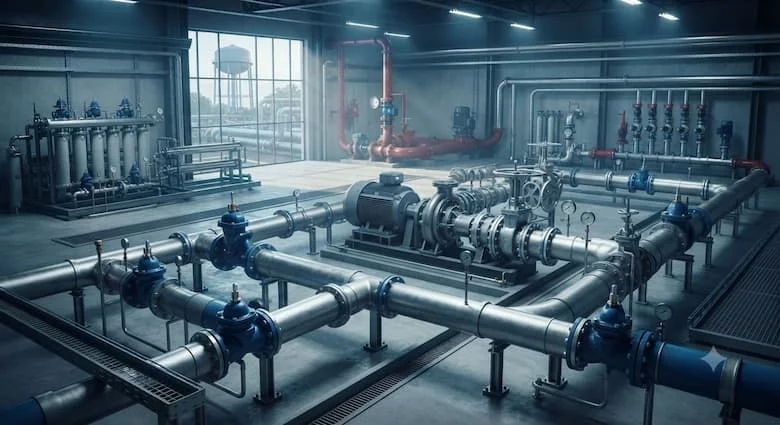 một hệ thống phân phối nước công nghiệp thực tế với các van xả khí tự động DN40 được lắp đặt trên đường ống dẫn nước, trạm bơm, nhà máy xử lý nước, hệ thống phòng cháy chữa cháy, mạng lưới tưới tiêu và cơ sở hạ tầng cấp nước đô thị